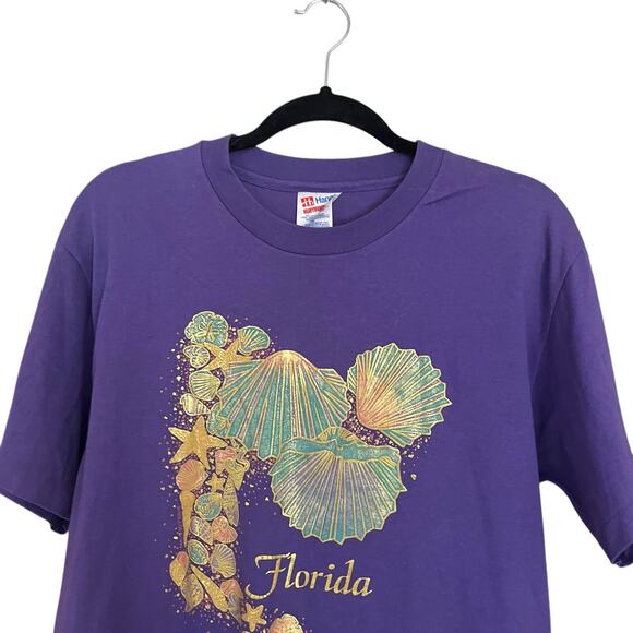 Vintage 90s Sea Shells Florida Graphic Medium T Shirt Large Purple Tourist Tee - Picture 2 of 9